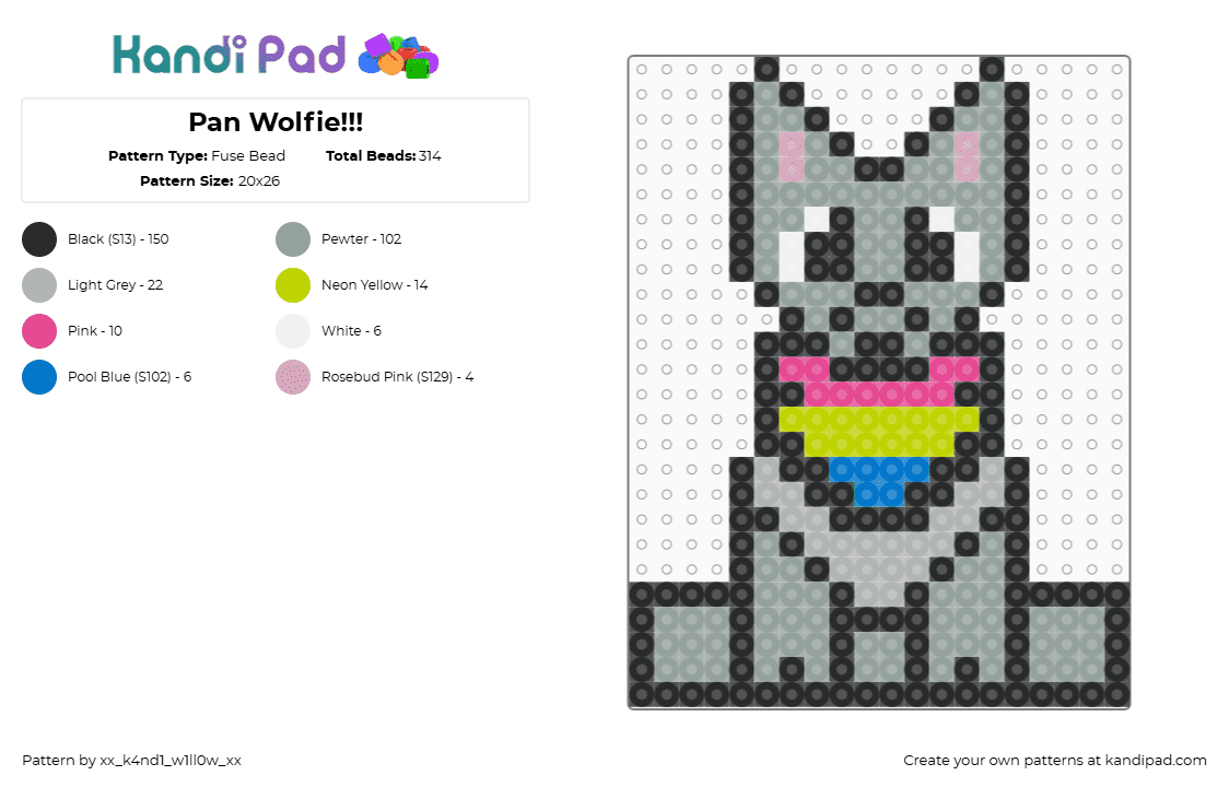 Pan Wolfie!!! - Fuse Bead Pattern by xx_k4nd1_w1ll0w_xx on Kandi Pad - wolf,pansexual,pride,animal,cute,gray