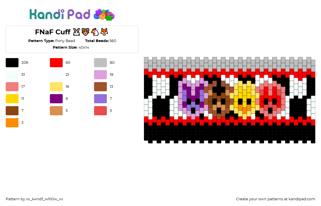 FNaF Cuff 🐰🐻🐔🦊 - Pony Bead Pattern by xx_k4nd1_w1ll0w_xx on Kandi Pad - fnaf,five nights at freddys,horror,video game,cuff,checkered,red,black