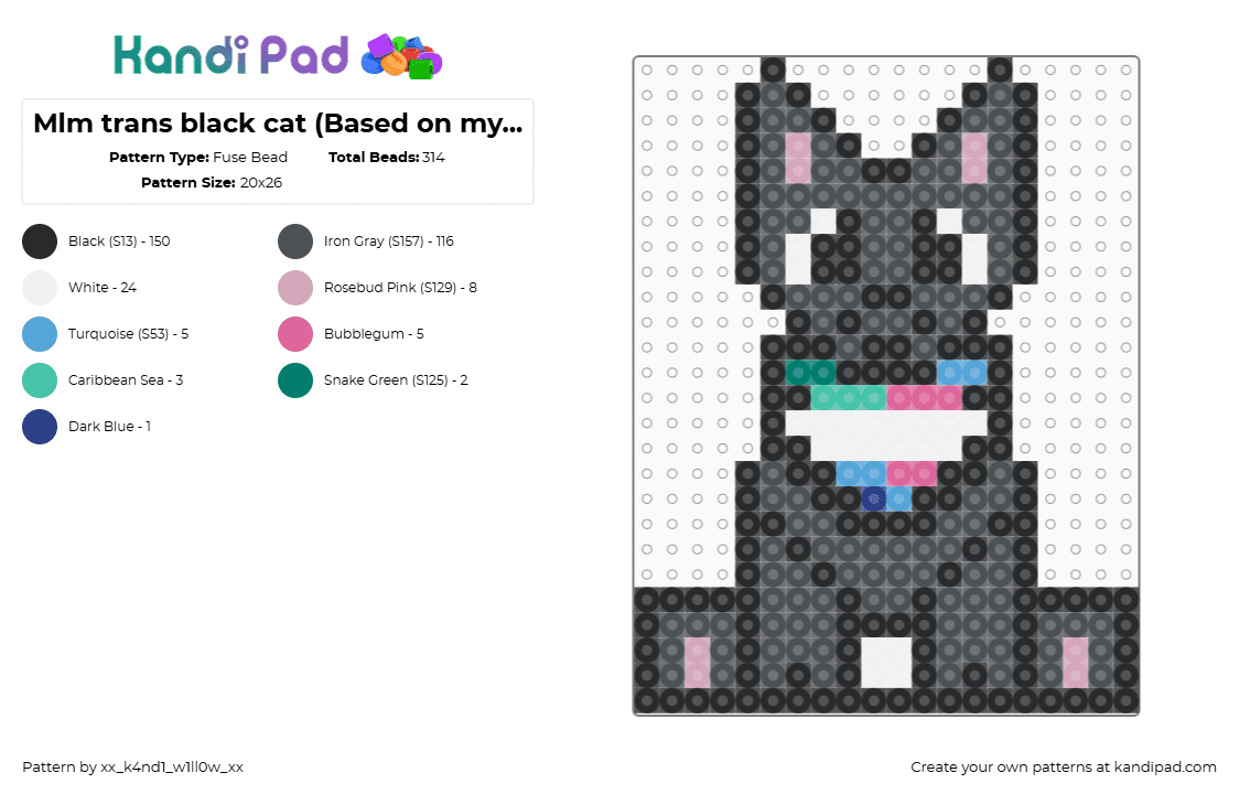 Mlm trans black cat (Based on my bestie :3) - Fuse Bead Pattern by xx_k4nd1_w1ll0w_xx on Kandi Pad - cat,trans,mlm,pride,animal,gray