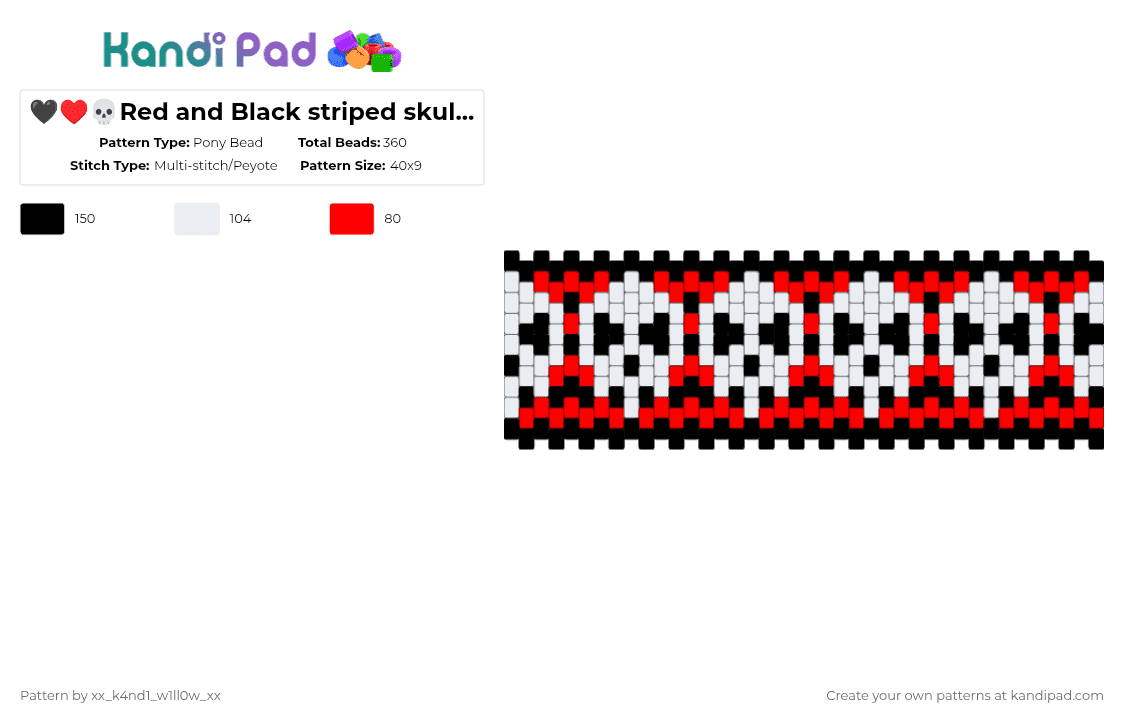 🖤♥️💀Red and Black striped skull cuff 💀♥️🖤 - Pony Bead Pattern by silly_willy on Kandi Pad - white,red,skull,emo,goth,striped,edgy,skulls,multistitch,bwabwabwabwa
