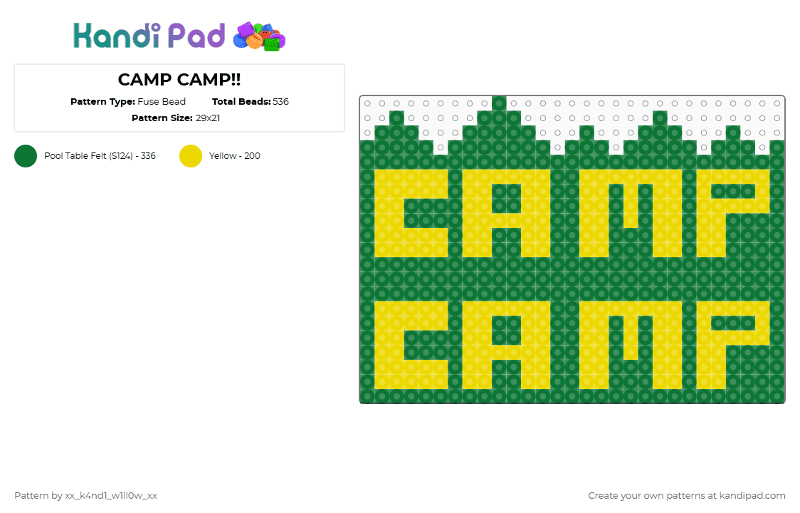 CAMP CAMP!! - Fuse Bead Pattern by silly_willy on Kandi Pad - green,yellow,camp camp,camp campbell,camp cambell,david camp camp,max camp camp,silly,help,me