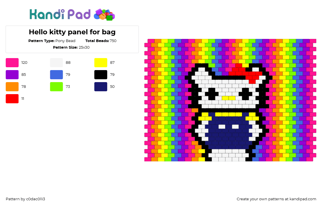 Hello kitty panel for bag - Pony Bead Pattern by c0dac0lli3 on Kandi Pad - hello kitty,neon,sanrio,bright,colorful,vertical,stripes,bag,panel,pink,white,blue