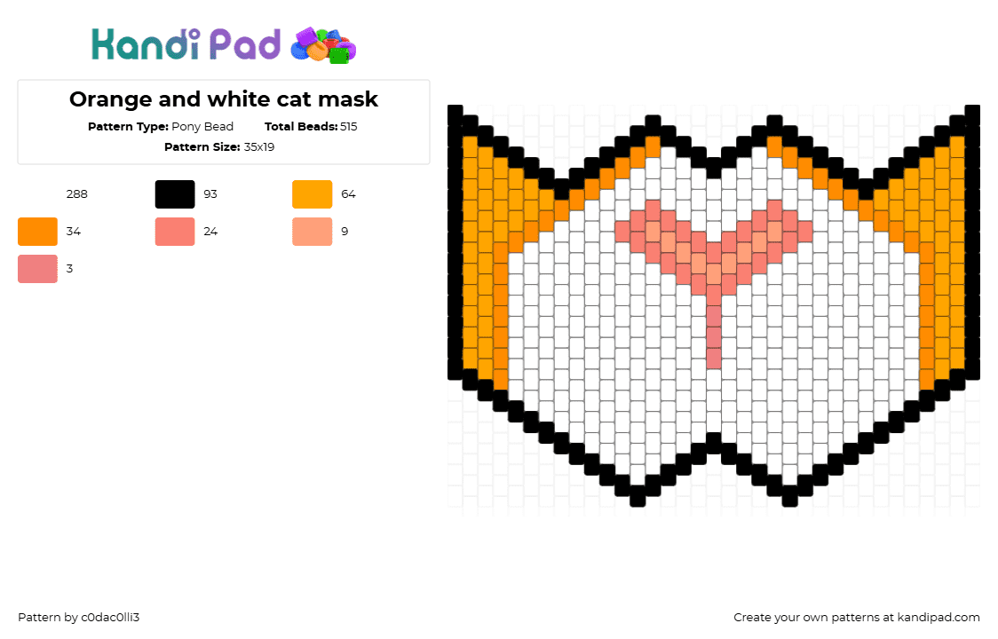 Orange cat kandi mask - Pony Bead Pattern by c0dac0lli3 on Kandi Pad - cat,animal,mask,nose,orange,white