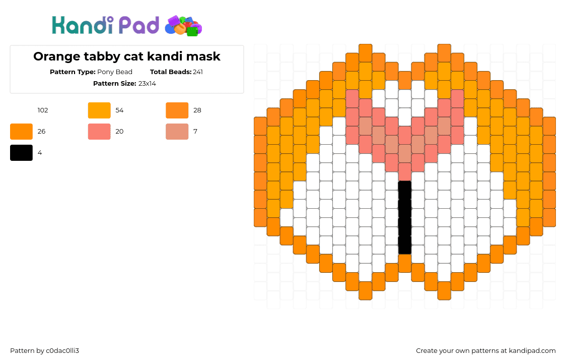 Orange tabby cat kandi mask - Pony Bead Pattern by c0dac0lli3 on Kandi Pad - tabby,cat,mask,nose,orange,white