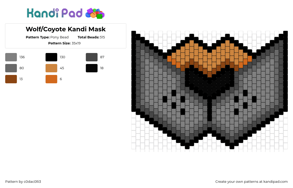 Wolf/Coyote Kandi Mask - Pony Bead Pattern by c0dac0lli3 on Kandi Pad - wolf,coyote,mask,animal,gray,tan,brown,black