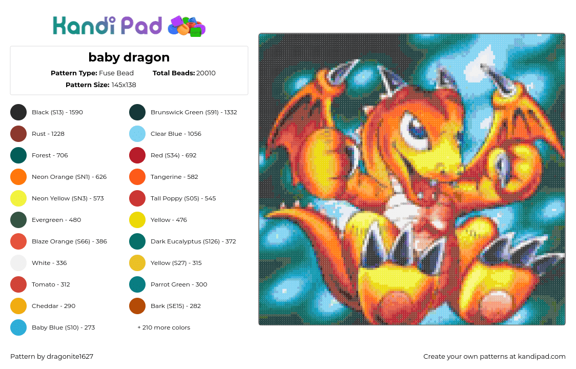 baby dragon - Fuse Bead Pattern by dragonite1627 on Kandi Pad - dragon,fantasy,baby,mythological,winged,panel,orange,yellow,teal