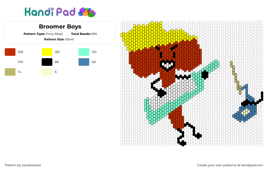 Broomer Boys - Pony Bead Pattern by coookieloser on Kandi Pad - broomer boys,excellent entities,keytar,band,music,animation,tv show,red,yellow,teal