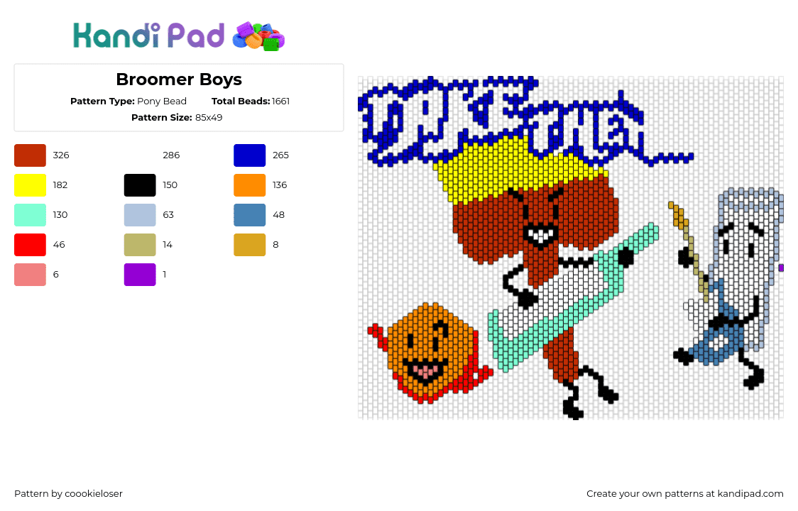 Broomer Boys - Pony Bead Pattern by coookieloser on Kandi Pad - broomer boys,excellent entities,keytar,band,music,animation,tv show,red,yellow,orange