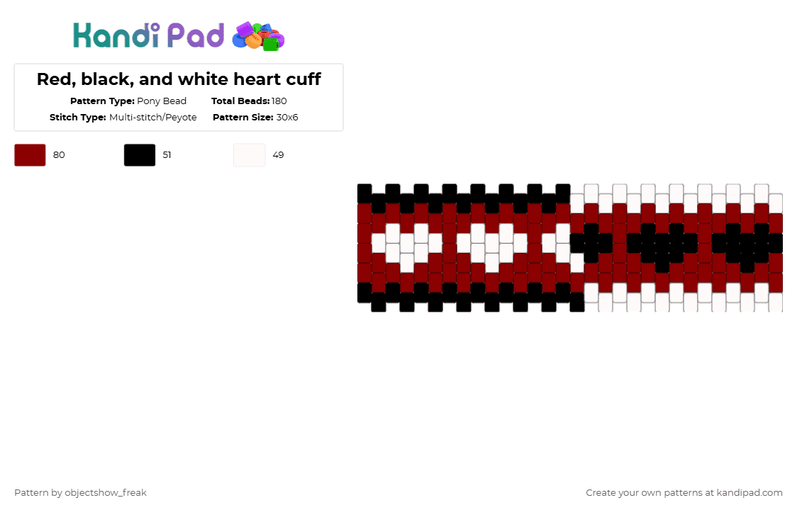 Red, black, and white heart cuff - Pony Bead Pattern by objectshow_freak on Kandi Pad - white,red