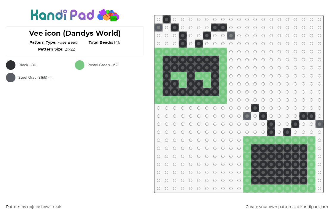 Vee icon (Dandys World) - Fuse Bead Pattern by objectshow_freak on Kandi Pad - vee,dandys world,character,video game,charm,black,green