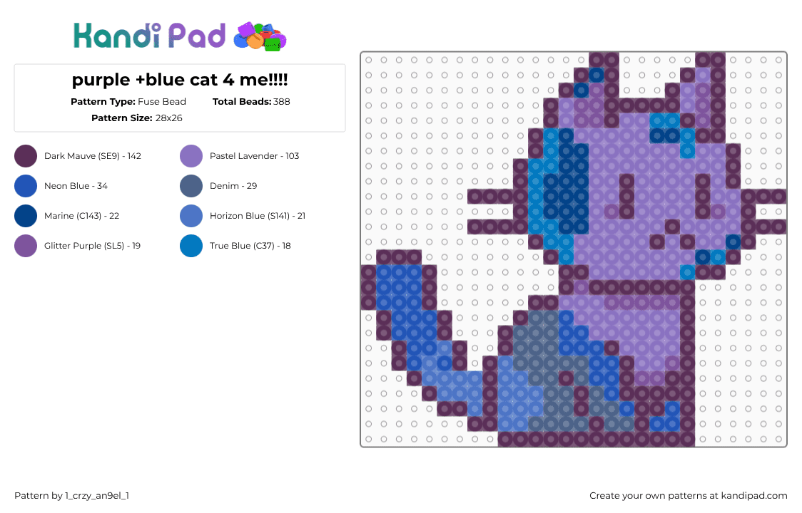 purple +blue cat 4 me!!!! - Fuse Bead Pattern by 1_crzy_an9el_1 on Kandi Pad - cat,kitty,animal,cute,purple,blue