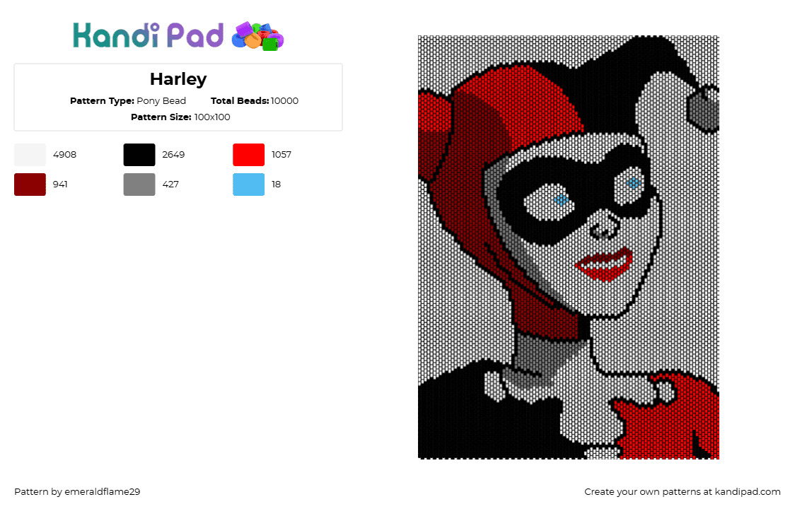 Harley - Pony Bead Pattern by emeraldflame29 on Kandi Pad - harley quinn,batman,joker,character,portrait,jester,dc,comic,suicide squad,white,red,black