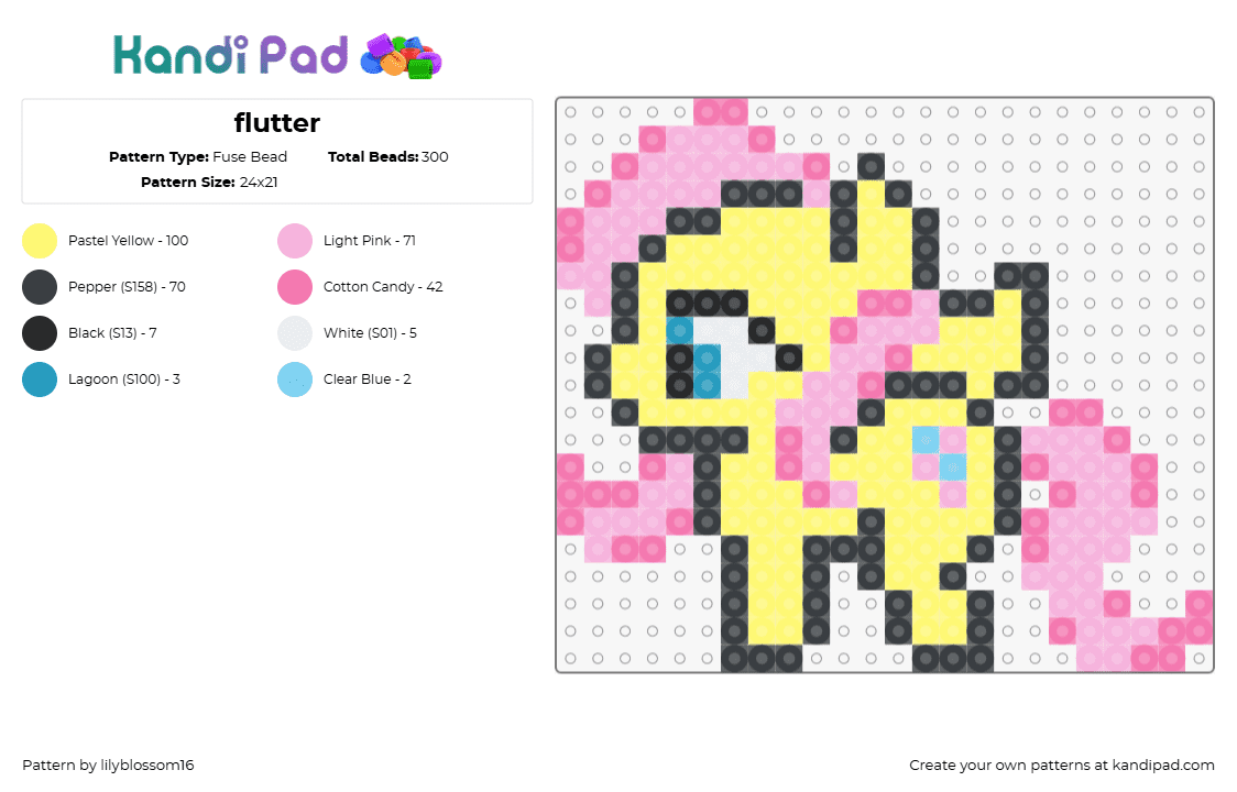 flutter - Fuse Bead Pattern by lilyblossom16 on Kandi Pad - fluttershy,mlp,my little pony,character,yellow,pink