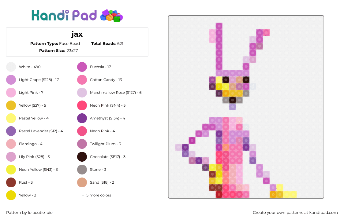 jax - Fuse Bead Pattern by lolacutie-pie on Kandi Pad - jax,amazing digital circus,character,animation,tv show,pink