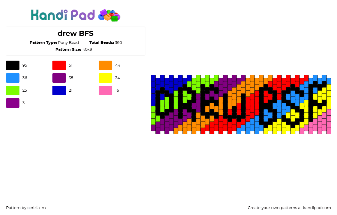 drew BFS - Pony Bead Pattern by cerizia_m on Kandi Pad - drew,friend,text,colorful,diagonal,stripes,cuff,red,blue,yellow,purple