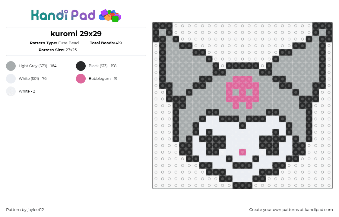 kuromi 29x29 - Fuse Bead Pattern by jayleet12 on Kandi Pad - kuromi,sanrio,kawaii,character,smile,gray,white