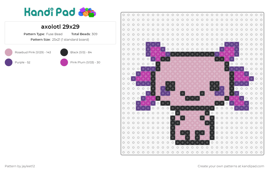 axolotl 29x29 - Fuse Bead Pattern by jayleet12 on Kandi Pad - axolotl,cute,quirky,charming,endearing,creature,playful,pink