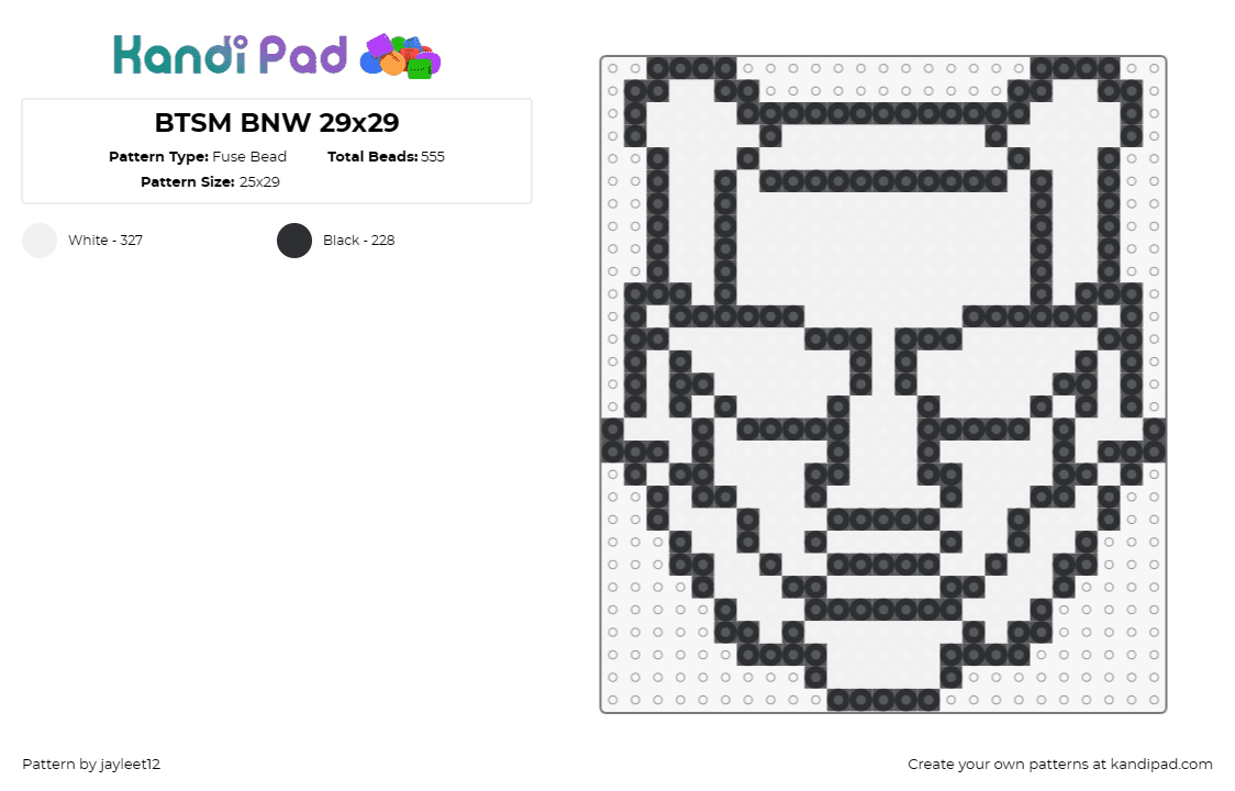 BTSM BNW 29x29 - Fuse Bead Pattern by jayleet12 on Kandi Pad - btsm,black tiger sex machine,helmet,music,edm,dj,mask,outline,white