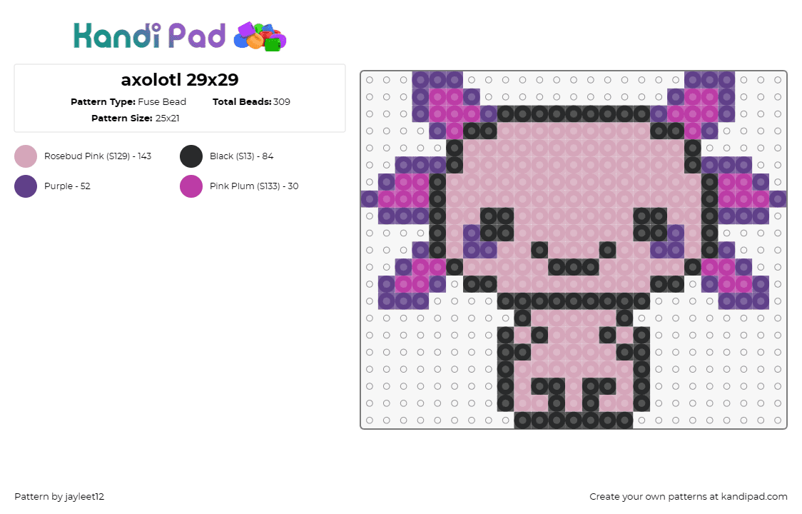 axolotl 29x29 - Fuse Bead Pattern by jayleet12 on Kandi Pad - axolotl,cute,quirky,creature,playful,pink