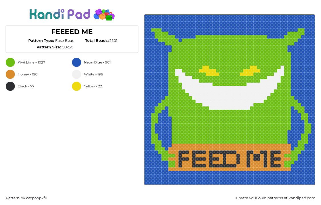 FEEEED ME - Fuse Bead Pattern by catpoop2ful on Kandi Pad - feed me,monster,sign,text,dj,music,dubstep,panel,green,blue