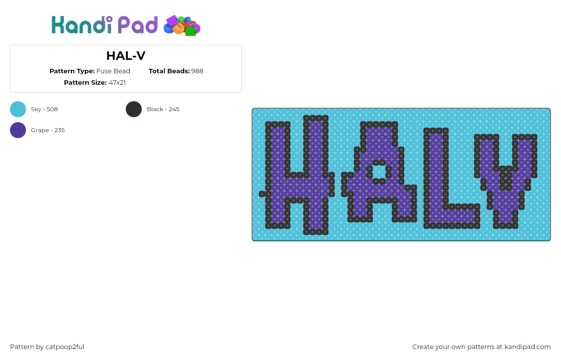 HAL-V - Fuse Bead Pattern by catpoop2ful on Kandi Pad - halv,text,sign,dj,music,edm,light blue,purple