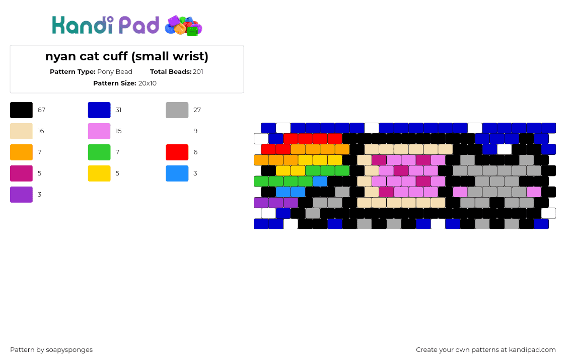 nyan cat cuff (small wrist) - Pony Bead Pattern by soapysponges on Kandi Pad - nyan cat,meme,poptart,cuff,cute,colorful,pink,gray,blue