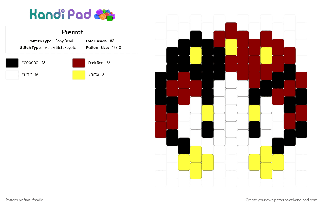 Pierrot - Pony Bead Pattern by fnaf_fnadic on Kandi Pad - character, clown, head, pierrot, red, the freak circus, video game, yellow