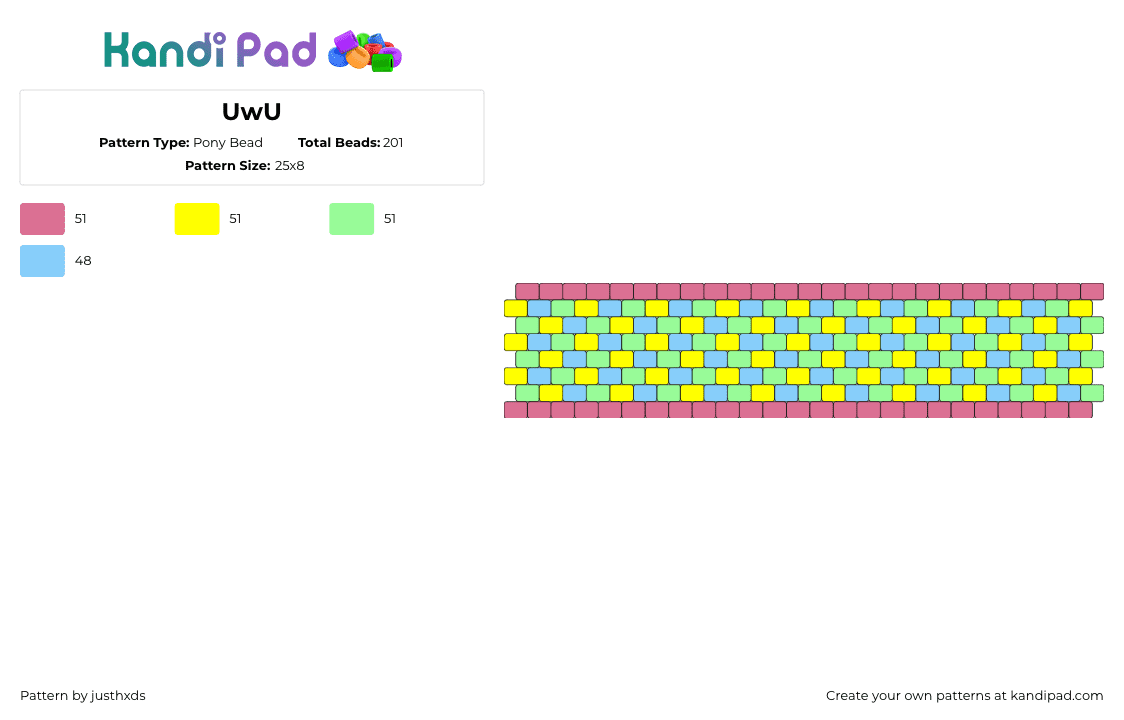 UwU - Pony Bead Pattern by justhxds on Kandi Pad - spring,pastel,bright,cuff,yellow,green,light blue