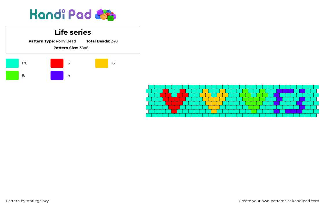 Life series - Pony Bead Pattern by starlitgalaxy on Kandi Pad - life series,hearts,youtube,tv show,cuff,teal,red,yellow