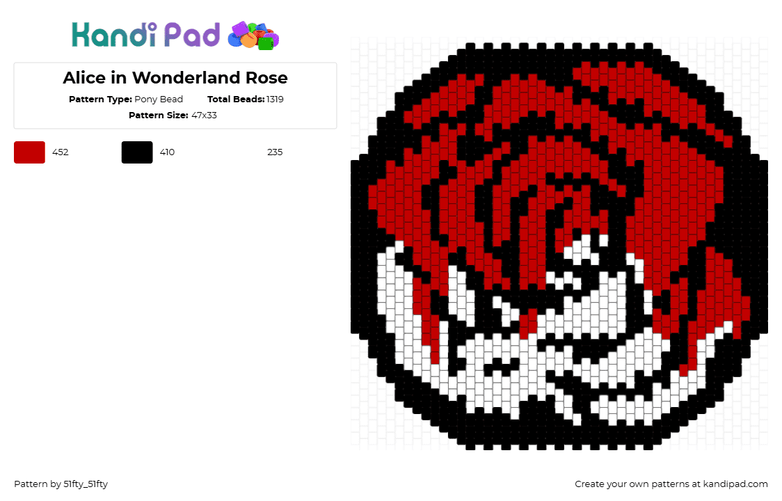 Alice in Wonderland Rose - Pony Bead Pattern by 51fty_51fty on Kandi Pad - red,white,alice in wonderland,disney