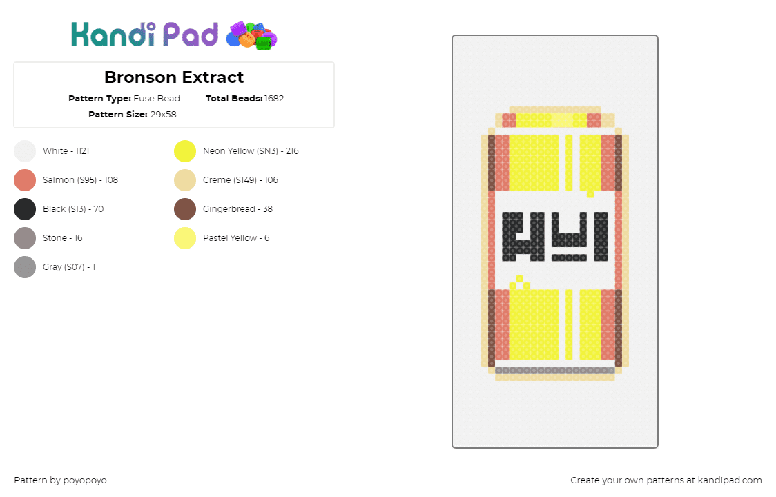 Bronson Extract - Fuse Bead Pattern by poyopoyo on Kandi Pad - bronson extract,va-11 hall-a,drink,cyberpunk,alcohol,video game,can,yellow,white