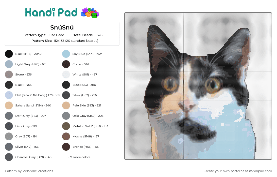 SnúSnú - Fuse Bead Pattern by icelandic_creations on Kandi Pad - cat,animal,portrait,feline,charm,captivating,pet,lifelike,expressive