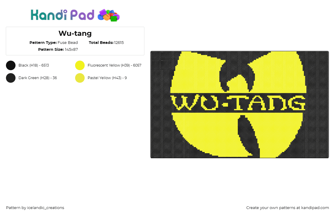 Wu-tang - Fuse Bead Pattern by icelandic_creations on Kandi Pad - wutang clan,logo,dj,music,rap,hip hop,yellow,black