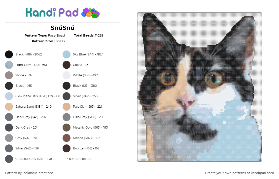 SnúSnú - Fuse Bead Pattern by icelandic_creations on Kandi Pad - cat,animal,portrait,feline,pet,lifelike,expressive