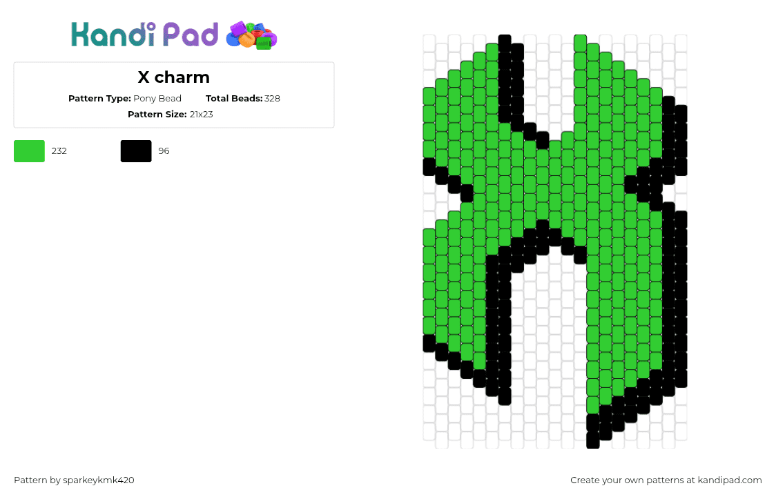 X charm - Pony Bead Pattern by sparkeykmk420 on Kandi Pad - excision,logo,x,charm,dj,music,edm,dubstep,simple,green,black