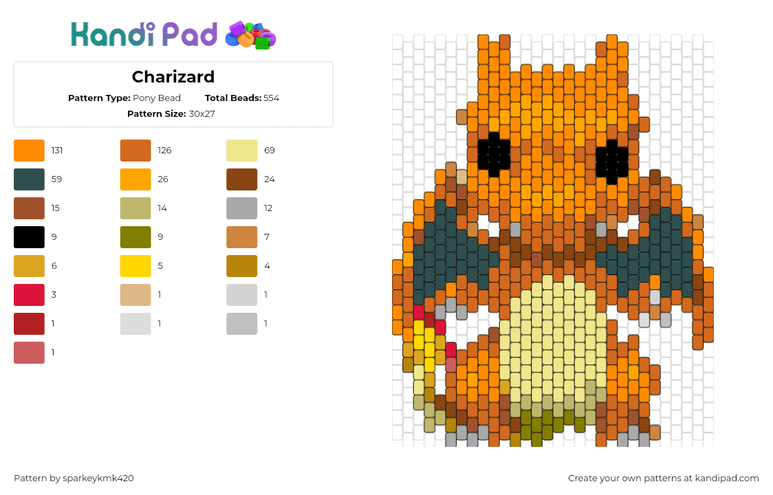 Charizard - Pony Bead Pattern by sparkeykmk420 on Kandi Pad - charizard,pokemon,character,gaming,evolution,charmander,dragon,orange,yellow