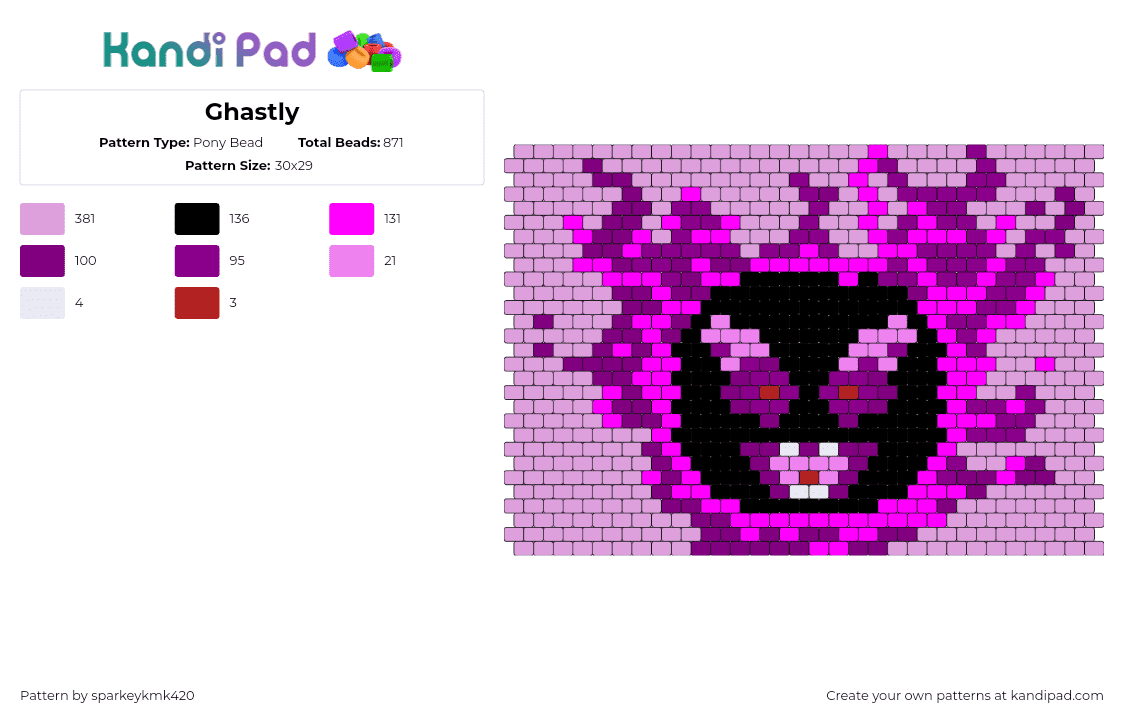 Ghastly - Pony Bead Pattern by sparkeykmk420 on Kandi Pad - ghastly,pokemon,character,gaming,panel,spooky,fiery,black,pink