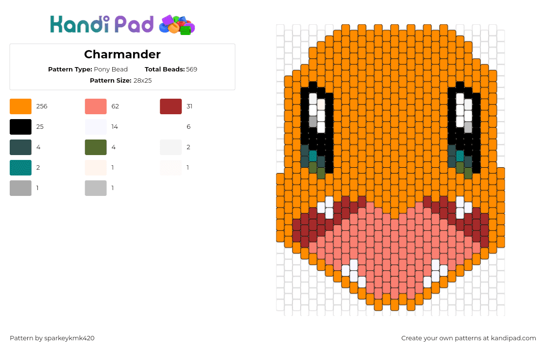 Charmander - Pony Bead Pattern by sparkeykmk420 on Kandi Pad - charmander,pokemon,character,head,gaming,starter,orange