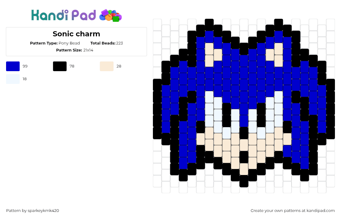 Sonic charm - Pony Bead Pattern by sparkeykmk420 on Kandi Pad - sonic the hedgehog,sega,charm,head,character,video game,beige,blue