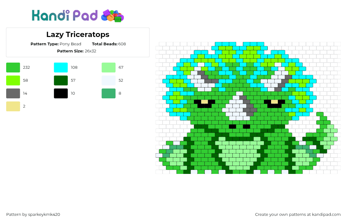 Lazy Triceratops - Pony Bead Pattern by sparkeykmk420 on Kandi Pad - triceratops,dinosaur,prehistoric,cute,animal,horned,character,green