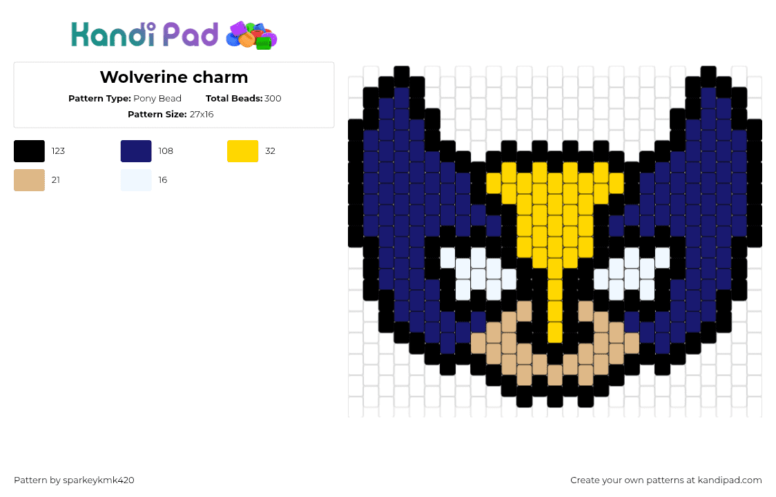 Wolverine charm - Pony Bead Pattern by sparkeykmk420 on Kandi Pad - wolverine,xmen,marvel,superhero,character,head,comic,mask,blue,yellow,tan