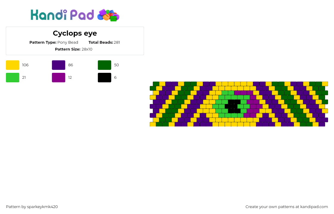 Cyclops eye - Pony Bead Pattern by sparkeykmk420 on Kandi Pad - eye,cyclops,stripes,trippy,cuff,yellow,purple,green