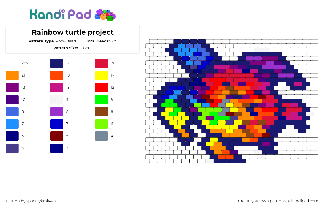 Rainbow turtle project - Pony Bead Pattern by sparkeykmk420 on Kandi Pad - turtle,reptile,colorful,blue,red