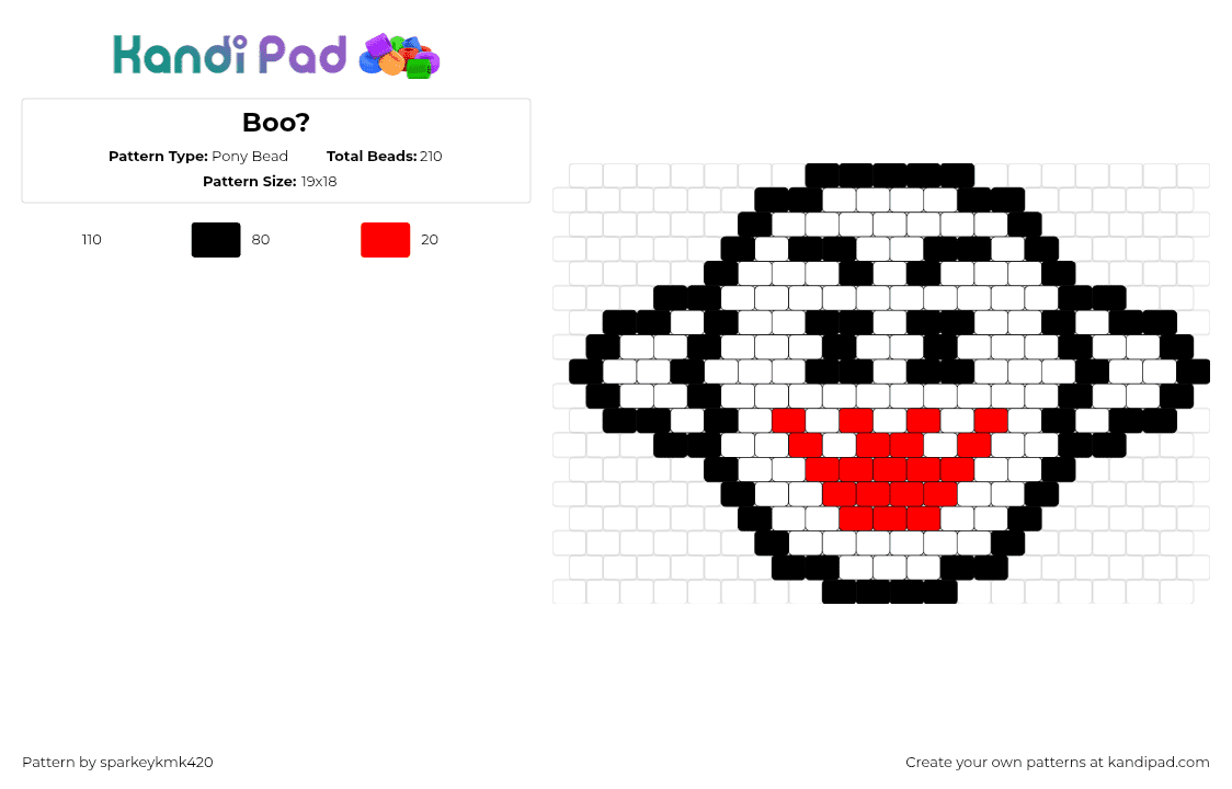 Boo? - Pony Bead Pattern by sparkeykmk420 on Kandi Pad - boo,ghost,mario,nintendo,character,video game,white,red