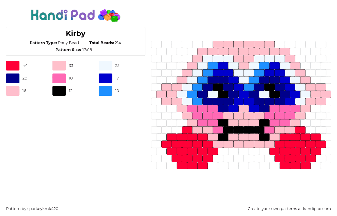 Kirby - Pony Bead Pattern by sparkeykmk420 on Kandi Pad - kirby,nintendo,video game,character,charm,pink,red,blue