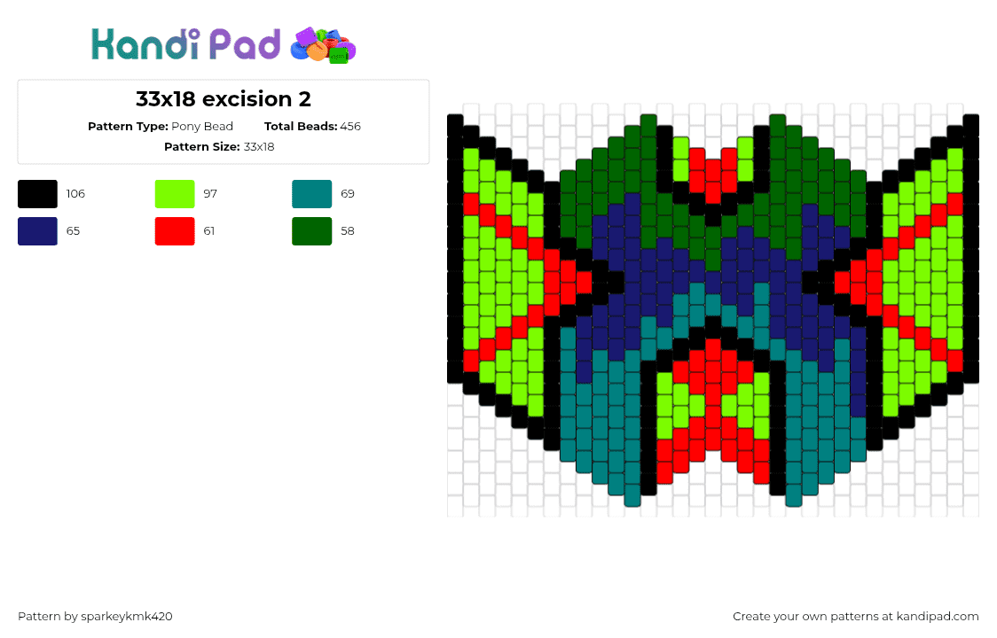 33x18 excision 2 - Pony Bead Pattern by sparkeykmk420 on Kandi Pad - excision,logo,mask,dj,music,edm,x,dubstep,green,red