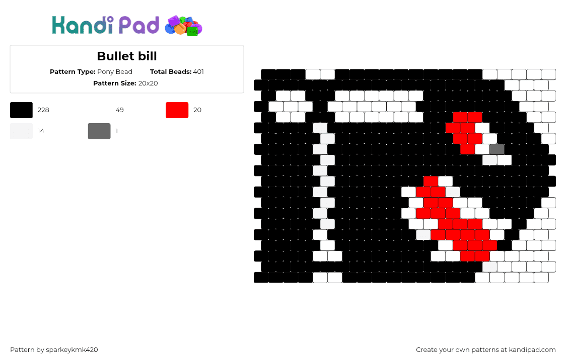 Bullet bill - Pony Bead Pattern by sparkeykmk420 on Kandi Pad - bullet bill,mario,nintendo,video game,character,black,red,white