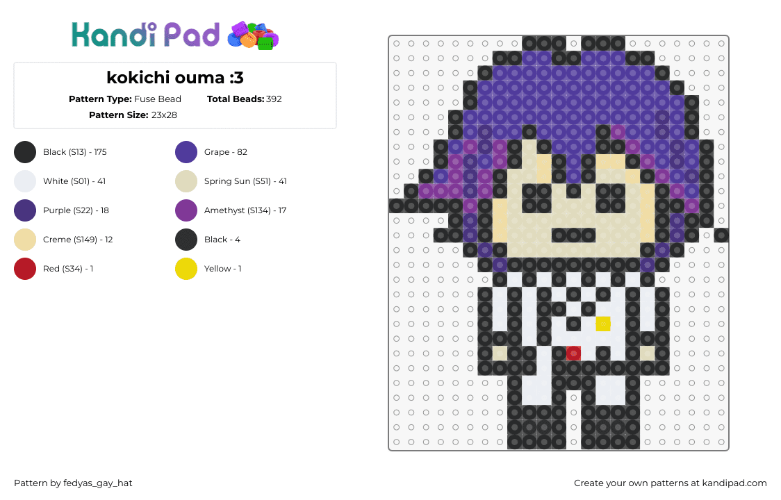 kokichi ouma :3 - Fuse Bead Pattern by fedyas_gay_hat on Kandi Pad - kokichi ouma,danganronpa,character,chibi,video game,purple,white