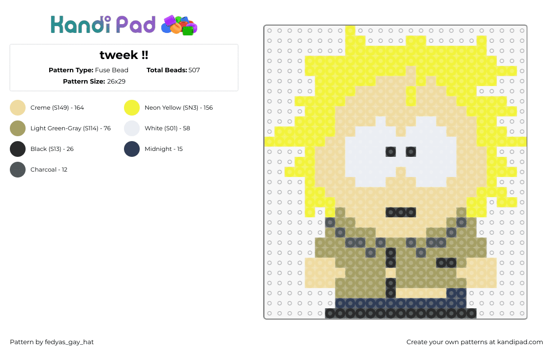 tweek !! - Fuse Bead Pattern by fedyas_gay_hat on Kandi Pad - tweek tweak,south park,character,animation,cartoon,tv show,blonde,tan,yellow