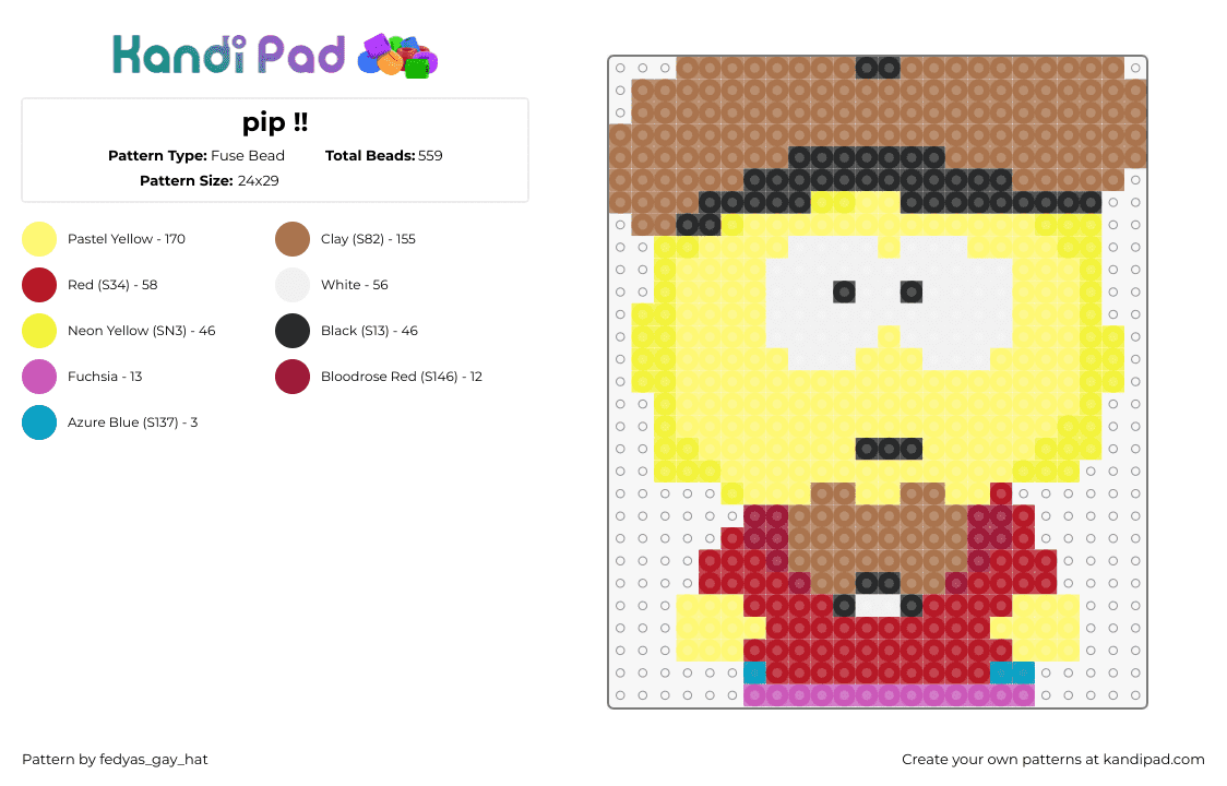 pip !! - Fuse Bead Pattern by fedyas_gay_hat on Kandi Pad - pip,south park,character,animation,tv show,yellow,red,brown